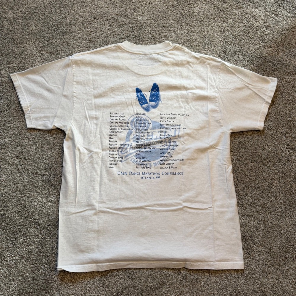 Vintage 1999 CMN Dance Marathon Atlanta T-Shirt White Collegiate Graphic Large